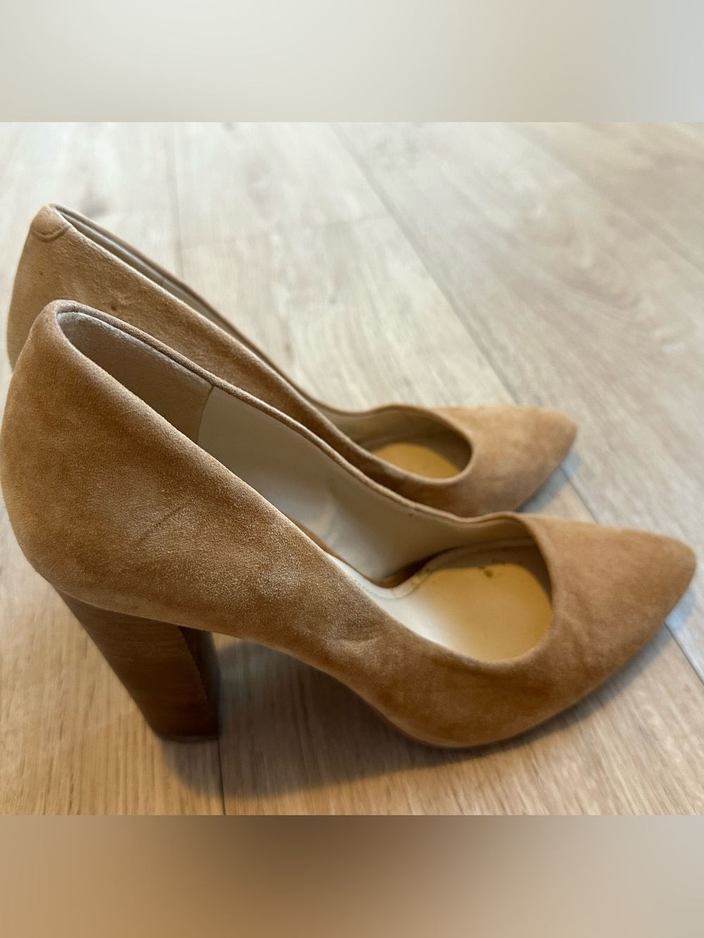 BCBGeneration Clarice Suede Pointed-Toe Block Heel Pumps in Camel